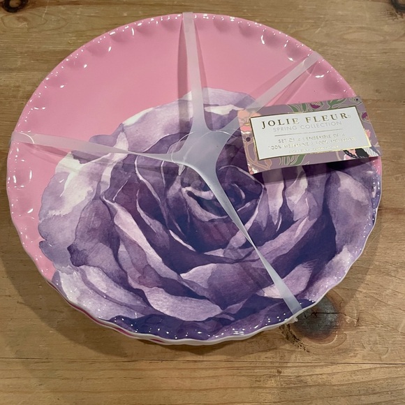 NWT Jolie Fleur Set of 4 Floral 9” Scalloped Melamine Plates Pink Purple Rouge - Picture 1 of 4